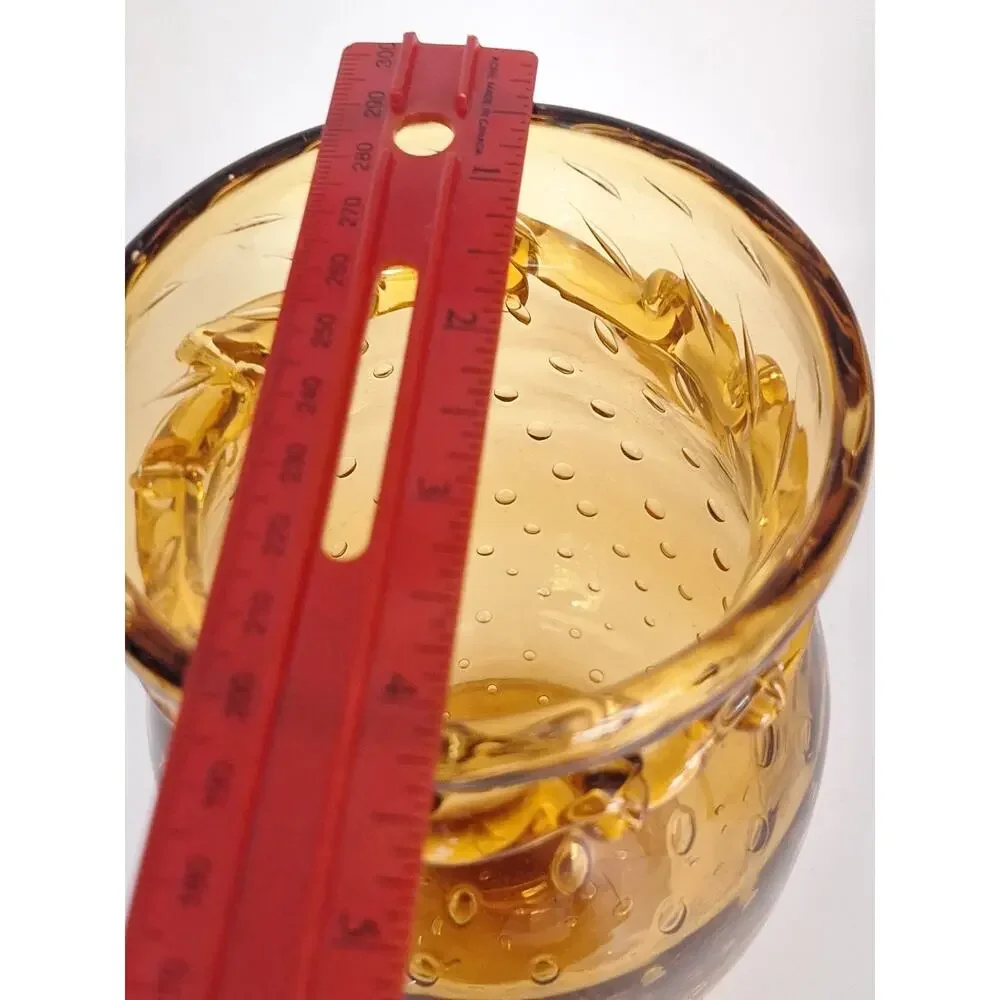 Vintage Amber Controlled Bubble Art Glass Pedestal Vase Applied Rigaree 1960s